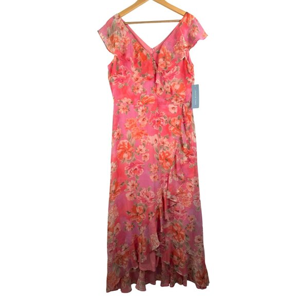 London Times Dresses & Skirts - London Times sheer floral ruffle tiered midi dress boho pink high low sz 14